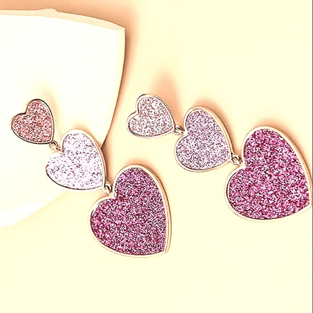 Glitter Tri Heart Dangle Earrings NEW in gift box
